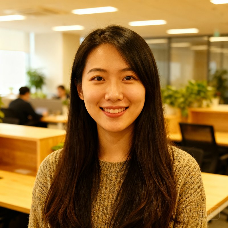 社区运营总监李思萱的温暖微笑近景肖像，长发披肩，穿着休闲针织衫，背景是开放式办公区。